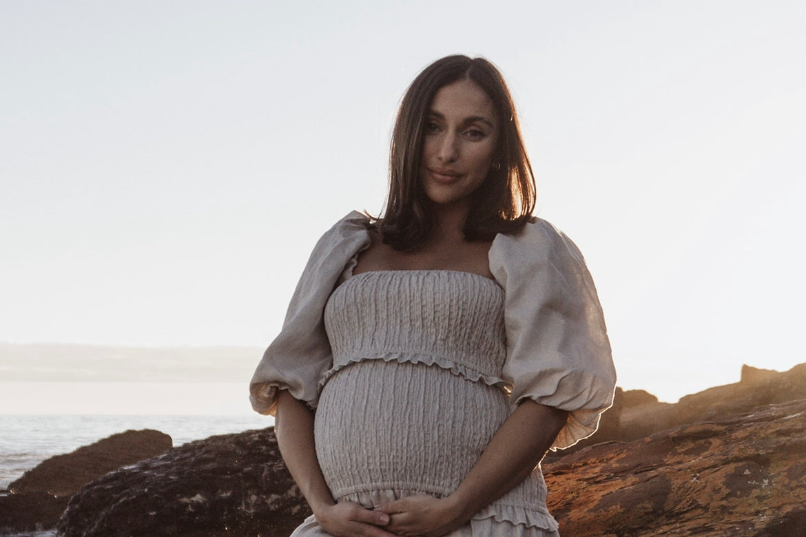 Shirred linen puff sleeve midi